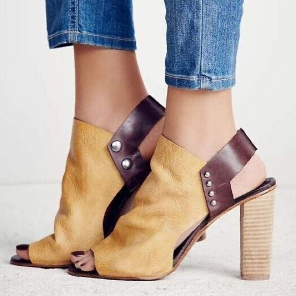 Free People Mustard Yellow and Dark Brown Open-Toe Block Heel Sandals